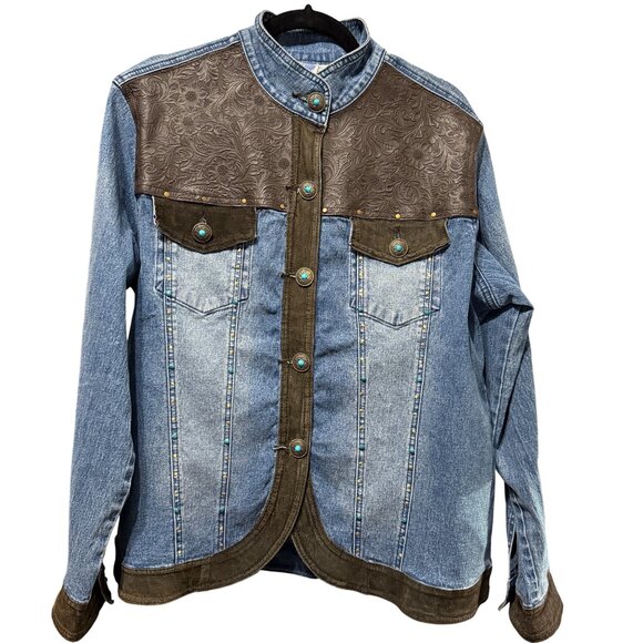 DG2 Diane Gilman size L southwest vibe suede trim long sleeve  denim jean jacket - Picture 1 of 7